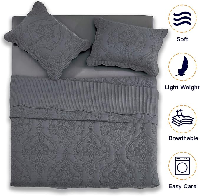 CHIXIN Oversized Bedspread Coverlet Set King Size - Lightweight Bedding Cover - Beautiful Stitching - 4 Piece Reversible Bedspread - Gorgeous Damask Paisley Pattern (King, Dark Grey)