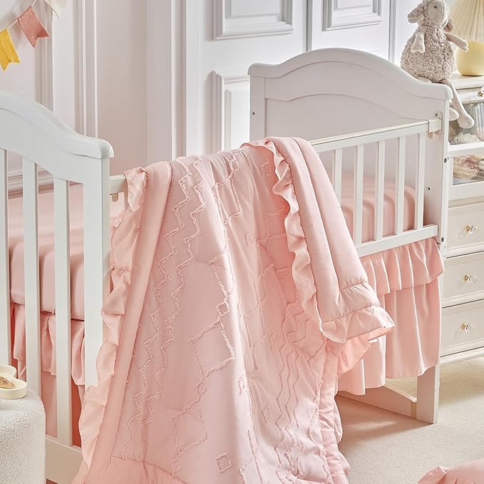 AIKASY The Ruffled Shabby Crib Bedding Set for Girls, Baby Quilted Comforter with Fitted Sheet, Bed Skirt, and Pillowcase（Coral Pink）