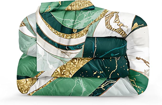 Bedbay Green Gold King Comforter Set 4 Pcs Abstract Marble Bedding Set for Boys Teen Adults Soft Cozy Lightweight Fluid Marble Bedding for All Seasons 1 Comforter 2 Pillowcases 1 Cushion Cover