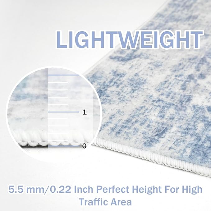 IOHOUZE Abstract Area Rugs 8x10 Ft Washable Large Rugs for Living Room, Non Slip Dining Room Rug, Printed Faux Wool Rugs for Bedroom, Floor Carpet for Office Nursery Playroom, Light Blue White