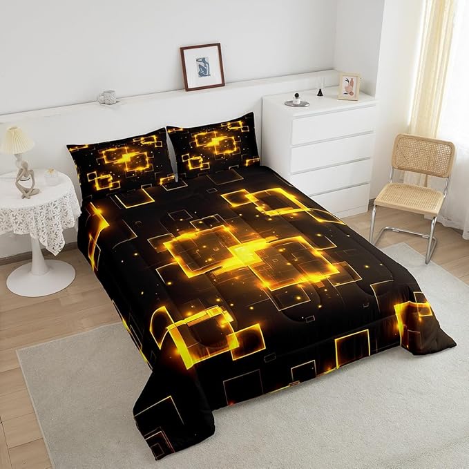 Feelyou Kids Golden Black Geometrics Bedding Set Twin Size, Light Honeycomb Comforter Set Geometrics Comforter for Boys Girls Abstract Duvet Insert Microfiber Bed Set