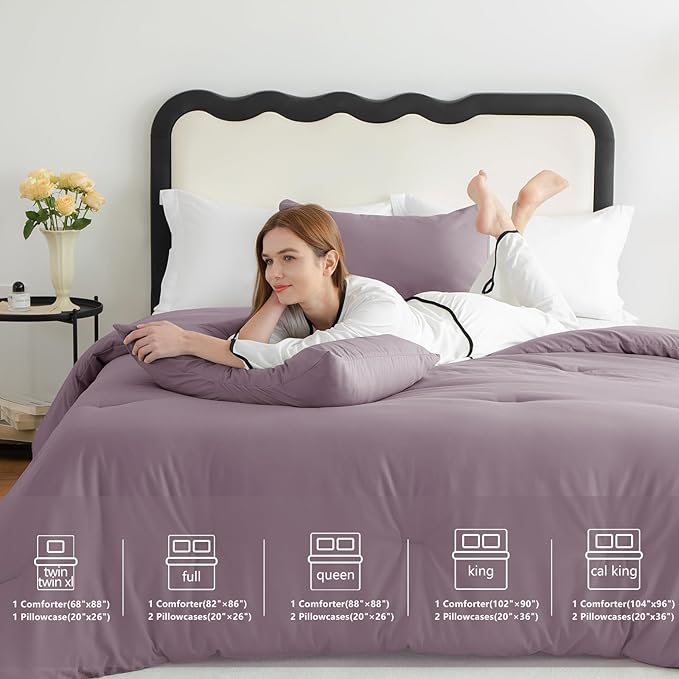 CozyLux King Size Comforter Set Dusty Purple, 3 Pieces Solid Comforters King Size Breathable Quilted Bedding Set, Luxury Soft Bed Set with Down Alternative Comforter (1 Comforter & 2 Pillowcases)