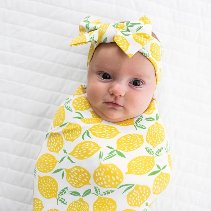 Little Sleepies Swaddle & Headband Bow Set, Viscose from Bamboo Baby Swaddles, Newborn Baby Girl Clothes (Lemons)