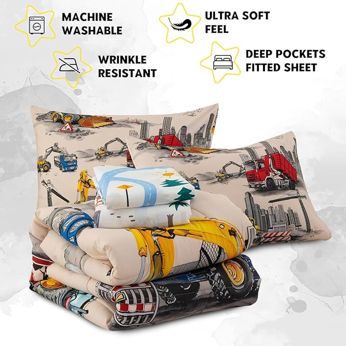 Holawakaka Trucks Tractors Cars Boy Bedding Comforter Set with Sheets, Twin Size Cartoon Construction Car Excavator Print Kids Bed in A Bag 5-Piece, Boys Reversible Dorm Bed Sets (Camel Twin)