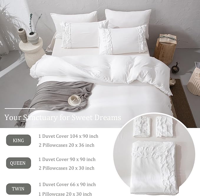 Bedorm White Ruffle Duvet Cover Queen Shabby Chic Bedding Set Pleat Ruffled Farmhouse Pure White Comforter Cover Extra Soft & Easy Care Boho Duvet Cover Set