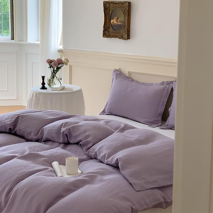 Simple&Opulence 100% Linen Duvet Cover Set, Natural French Flax Lilac Duvet Cover Twin Size, Breathable Soft Comfy Linen Bedding Comforter Cover with 1 Pillowcase(Lilac, 68"x86")