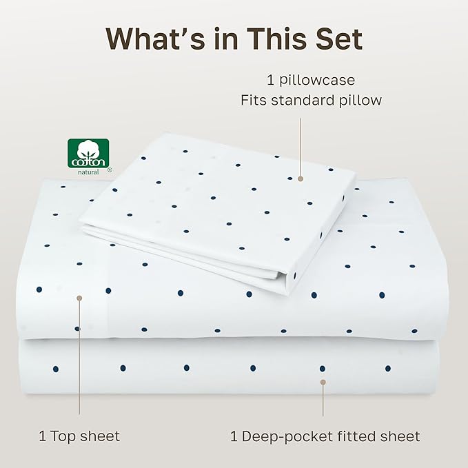 California Design Den Printed Twin XL Sheet Sets - 400 Thread Count Sateen, Natural 100% Cotton Sheets, Deep Pockets, and Durable Bedding Set - Polka Dot