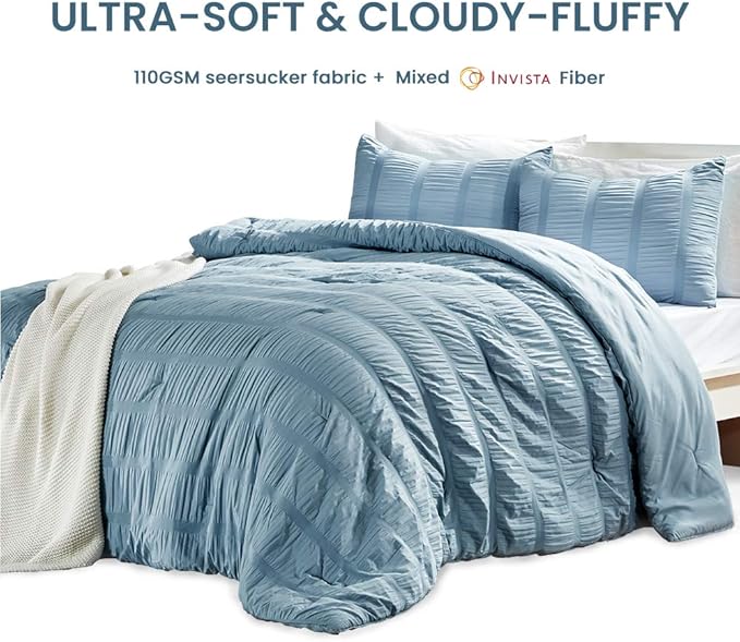 SLEEP ZONE Luxury Seersucker King Size Comforter Set 3-Piece, Soft & Lightweight Down Alternative Duvet Insert with Pillow Sham Cooling for Summer, Blue