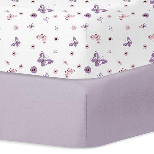 Little Grape Land Pack and Play Sheets Mini Crib Sheets Soft Breathable Pack N Play Sheets, Playard Fitted Sheet 2 Pack Stretchy Fits 38"x26" Playard Mattress, Purple Butterfly
