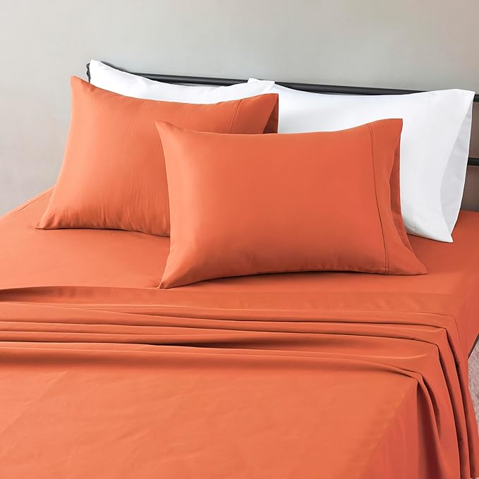 Amazon Basics Lightweight Breathable Microfiber 4-Piece Bed Sheet Set, Brick, Solid, Queen