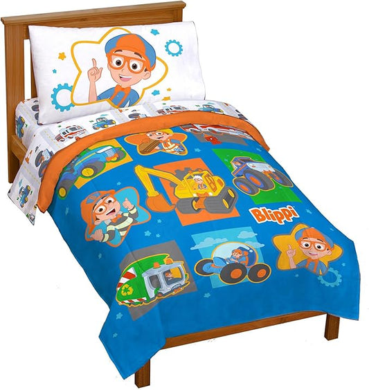 Jay Franco Blippi & Meekah Trucks Toddler Comforter Set - 4 Piece Blue Bedding Sheet Set & Pillow Cover - Super Soft Microfiber Bed Set