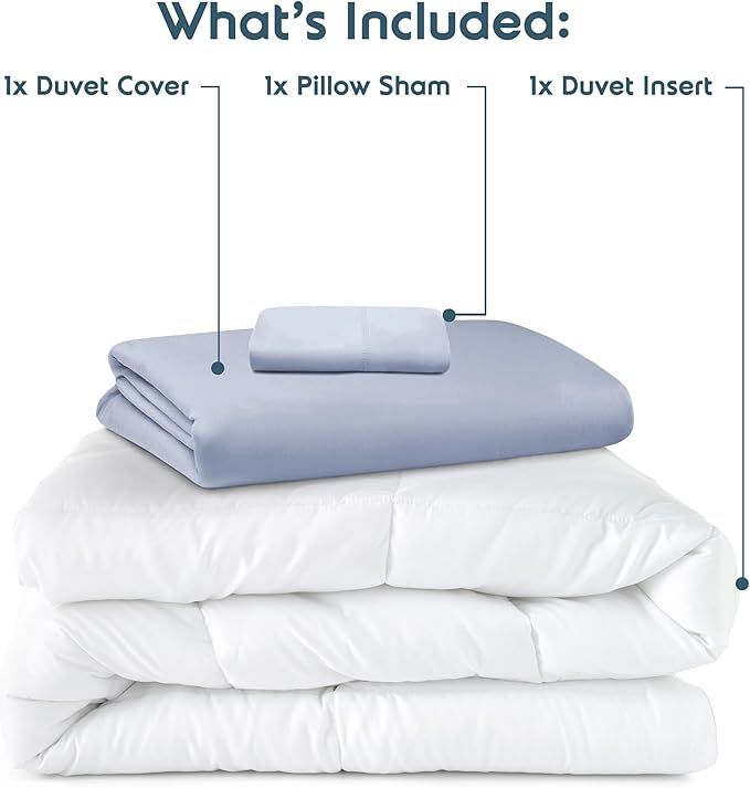 Nestl Twin Duvet Cover Set with Comforter Insert - Ice Blue 3 Piece 68x90 Duvet Cover & 1 Pillow Sham with White Quilted Down Alternative Comforter, Ultra Soft, All Season