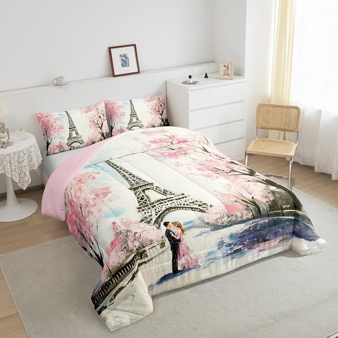 Paris Decor Comforter Set King Girly French Eiffel Tower Bedding Sets For Girls Kids Women Couple Bedroom Pink Cherry Blossoms Duvet Insert Watercolor Paris Tower Comforter Valentine 3 Pieces