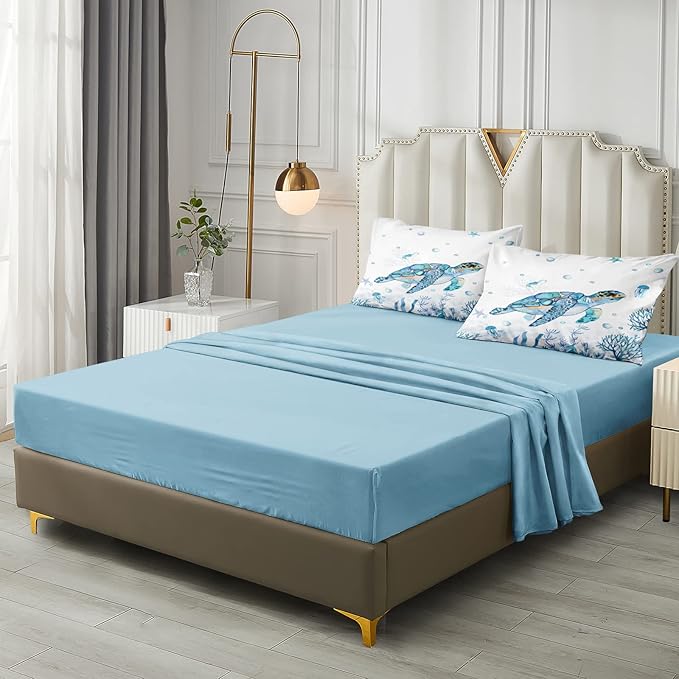 Sea Turtle Comforter 8 Pieces King Size Bed in a Bag Beach Ocean Bedding Sets with 1 Turtle Comforter, 1 Teal Blue Flat Sheet, 1 Fitted Sheet, 4 Pillowcases, 1 Cushion Cover(Sea Turtle, King)