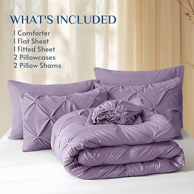 JOLLYVOGUE Queen Comforter Set 7 Pieces - Bed in a Bag Queen for All Season, Pintuck Bedding Comforter Sets with Comforter, Flat Sheet, Fitted Sheet and Pillowcases & Shams, Purple