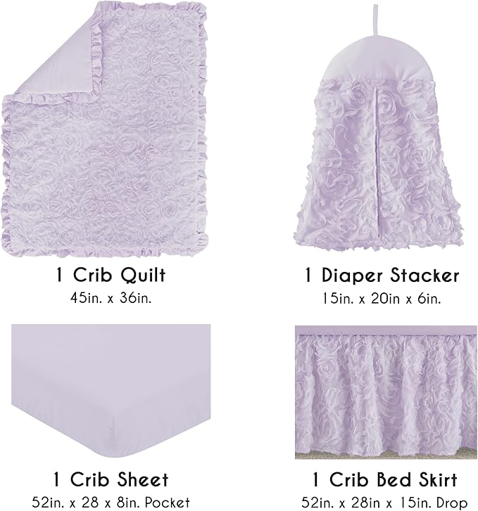 Sweet Jojo Designs 4-Piece Baby Crib Bedding Set (Purple Lavendar Floral Rose) for Girls, Infants/Nursery incl. Blanket, Fitted Sheet, Skirt, Diaper Stacker (Elegant, Princess, Luxury, Ruffle Roses)