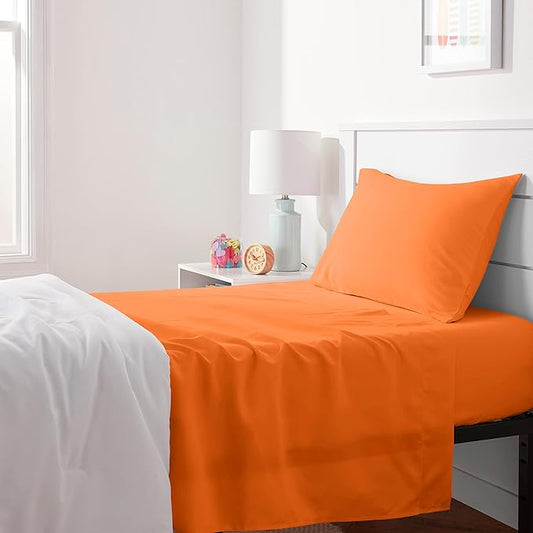 Amazon Basics Kid's Soft, Breathable, Easy-Wash Microfiber 3-Piece Sheet Set, Machine Washable, Twin, Bright Orange, Solid