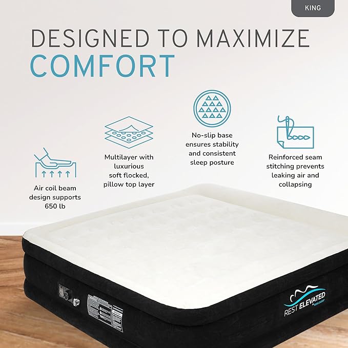 RestElevated Luxury Pillow Top King Size Air Mattress with Built in Pump | 20" Raised Height with Coil Beam Support | Adjustable Blow Up Air Bed | for Home, Guests and Camping [Black with Cream Top]