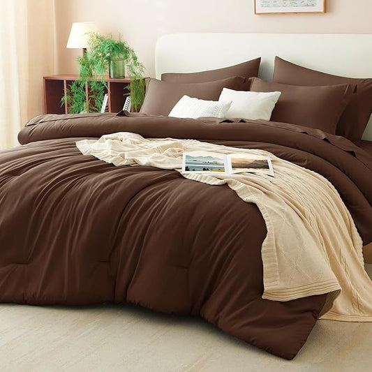 CozyLux Full Size Comforter Set Brown, 7 Pieces Bed in a Bag Full Comforter Set with Sheets, Soft Bedding Set with Down Alternative Comforter, Fitted Sheets, Flat Sheets, Pillow Shams and Pillowcases
