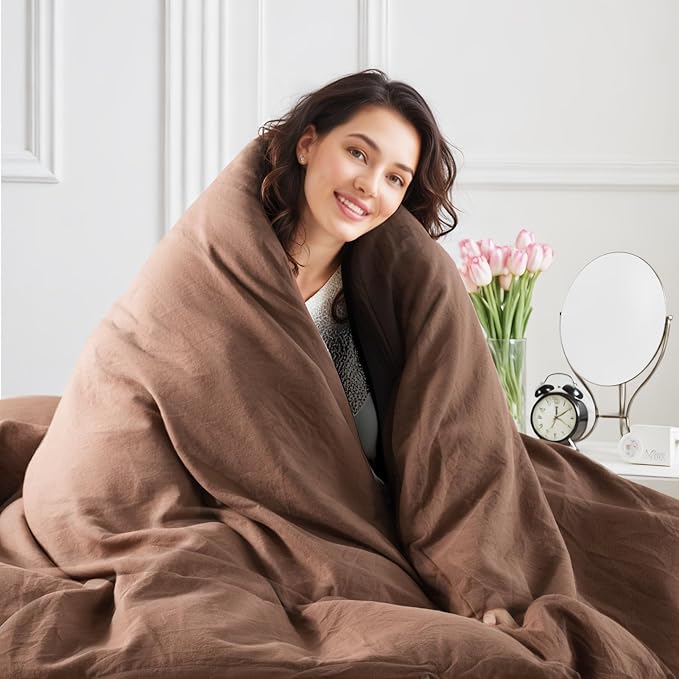 NEXHOME PRO Duvet Cover Set Queen Size Linen Textured Organic Natural 100% Washed Cotton Duvet Cover Mocha Brown 3 Pieces Bedding Set with Zipper Closure, Breathable, Soft (No Comforter)