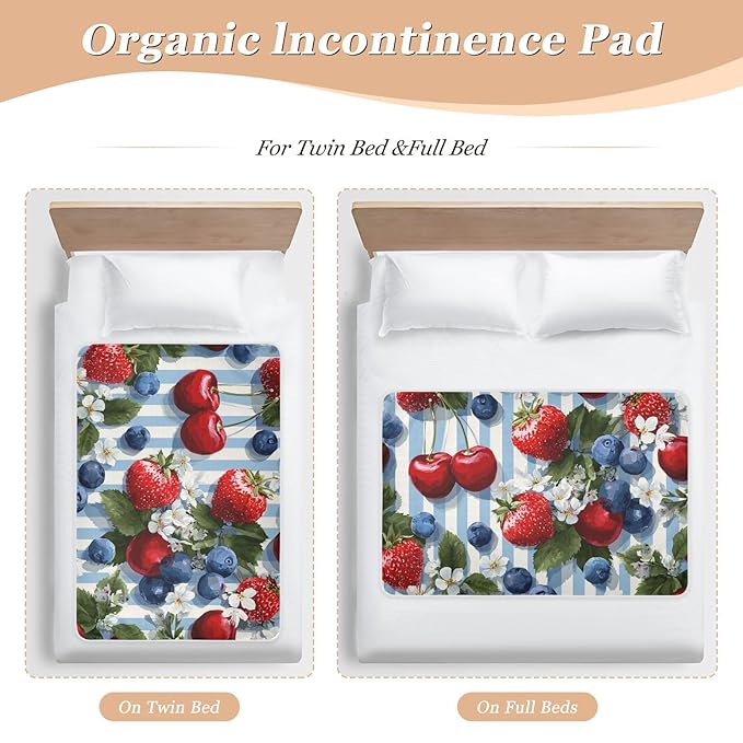 Waterproof Bed Pad Reusable Changing Pad Toddler Mattress Protector Large Pee Pad Baby Diaper Pad Soft Washable Liner Blue Stripe Strawberries Cherries Blueberries