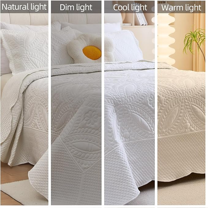Cmfshape Oversize King Bedspread 128"x120",3 Piece California King Quilt,Lightweight White Quilt Set for All Season,Modern Coin Pattern Bedding Set