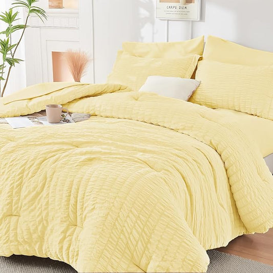 HYMOKEGE Yellow Twin Comforter Set Seersucker 5 Pieces, All Season Luxury Bed in a Bag for Bedroom, Bedding Set with Comforter, Sheets, Pillowcase & Sham