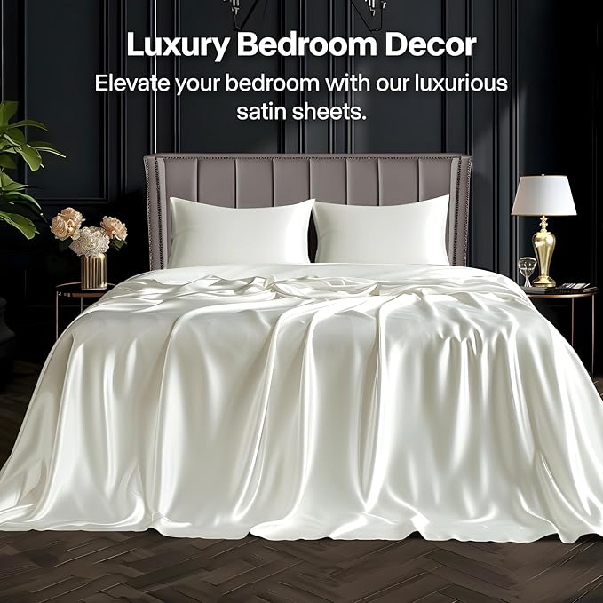 BEDELITE Satin Sheets Twin XL Size Bed Set, Luxury Soft Ivory White Silky Sheets for Hair and Skin, Similar to Silk Bed Sheets Set 3 Pieces （1 Deep Pocket Fitted Sheet, 1 Flat Sheet, and 1 Pillowcase）