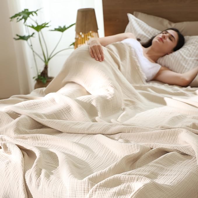 MooMee Muslin Blanket - 100% Cotton 4-Layer Gauze Throw Blanket with All-Around Fringe, Ultra-Soft Breathable Lightweight Cooling Decorative for Bed, Sofa & Couch (Beige,King 104" x 90")
