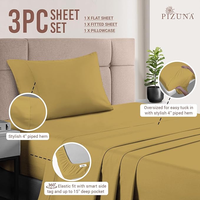 Pizuna Pure 100% Cotton Sheet Set Twin, Luxurious 400 Thread Count Long Staple Cotton Sateen Sheets Twin with 15" Deep Pocket (Mustard Gold)