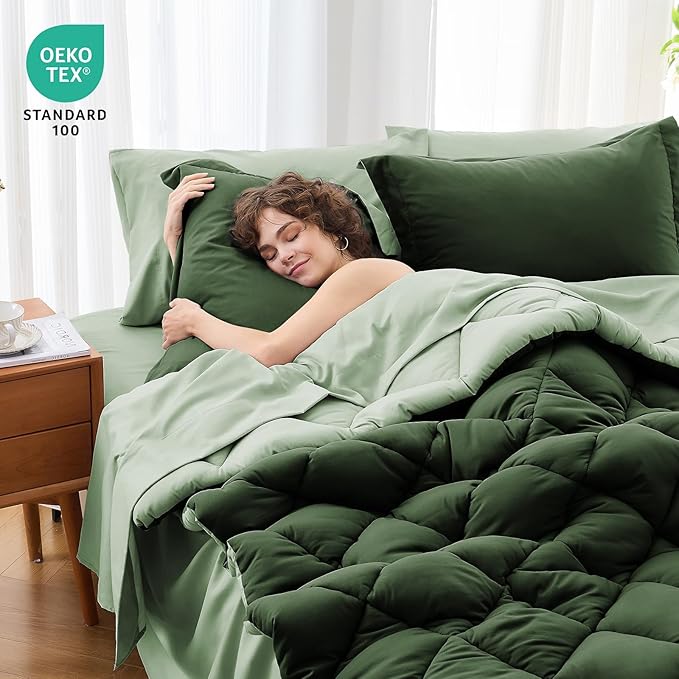 MUXHOMO 5 Pieces Twin Comforter Set, Reversible Bed in a Bag Twin Size, All Season Bedding Set with Comforter, Flat Sheet, Fitted Sheet, Pillowcases & Shams, Dark Green & Light Green