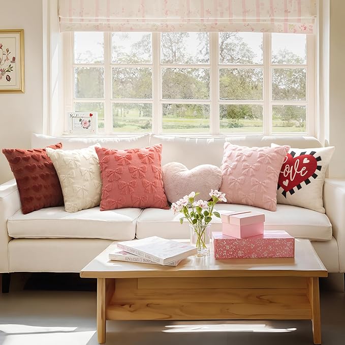 MIULEE Coral Red Bow Pillow Covers Coquette Room Decor Aesthetic Set of 2 Decorative Cute Girl Vlentine Pillow Covers Spring Soft Plush Faux Pillowcase for Preppy Room Decor Bedroom Couch,20x20 Inch