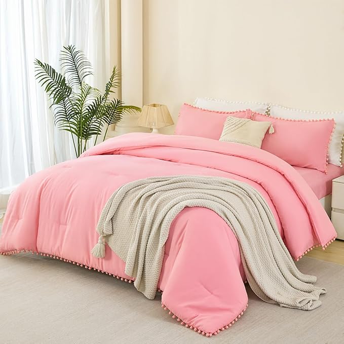PERFEMET Queen Bedding Set Coral Pink 5 Pcs Pom Pom Fringe Solid Bed in A Bag with Sheet Set Soft All Season Fluffy Boho Comforter for Girls Kids Bedroom(Coral Pink, Queen)