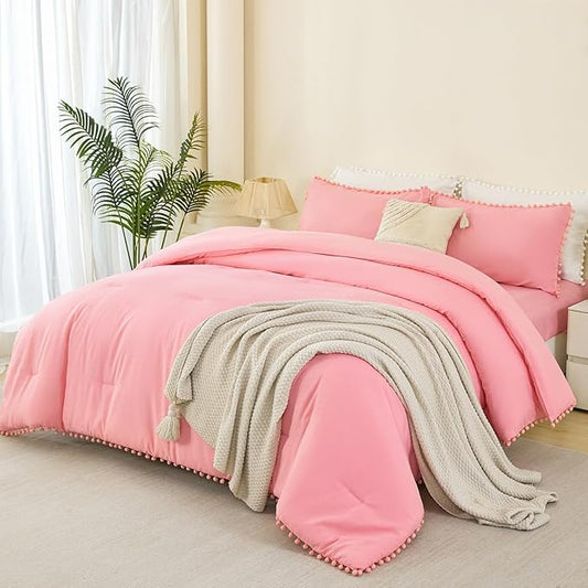 PERFEMET Queen Bedding Set Coral Pink 5 Pcs Pom Pom Fringe Solid Bed in A Bag with Sheet Set Soft All Season Fluffy Boho Comforter for Girls Kids Bedroom(Coral Pink, Queen)
