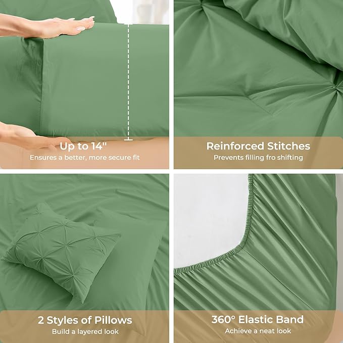 Sasttie Queen Comforter Set, 7-Piece Bed in a Bag, Pintuck Bedding Sets for All Season, Includes Comforter, Flat Sheet, Fitted Sheet, Pillowcases and Pillowshams, Green