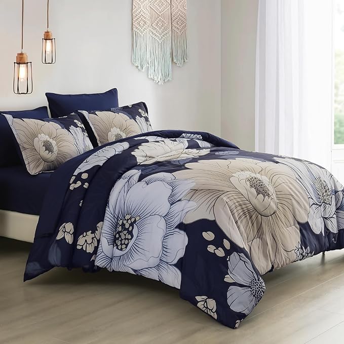 Xruibed Navy Blue Floral Comforter Set King Size 7 Pieces Bed in a Bag Navy Floral Comforter Flower Bedding Sets Lightweight Boho Bed Set with Sheet,Pillowcases&Shams for All Season