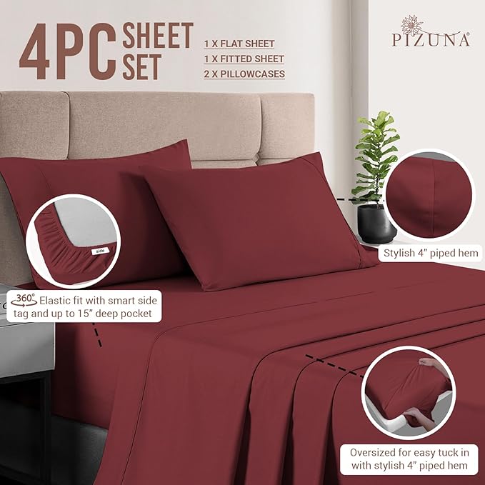 Pizuna Pure 100% Cotton Sheets California King Size, Luxurious 400 Thread Count Long Staple Cotton Sateen Sheets California King with 15" Deep Pocket (Combed Brick Red Cotton Sheets California King)