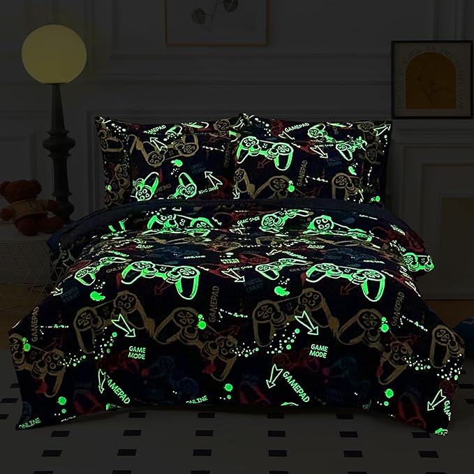 Glow in The Dark Kids Comforter Set, 5 Pieces Gamepad Bedding Set Twin Size for Boys Girls Teen, 1 Comforter, 1 Pillowcase, 2 Pillow Shams
