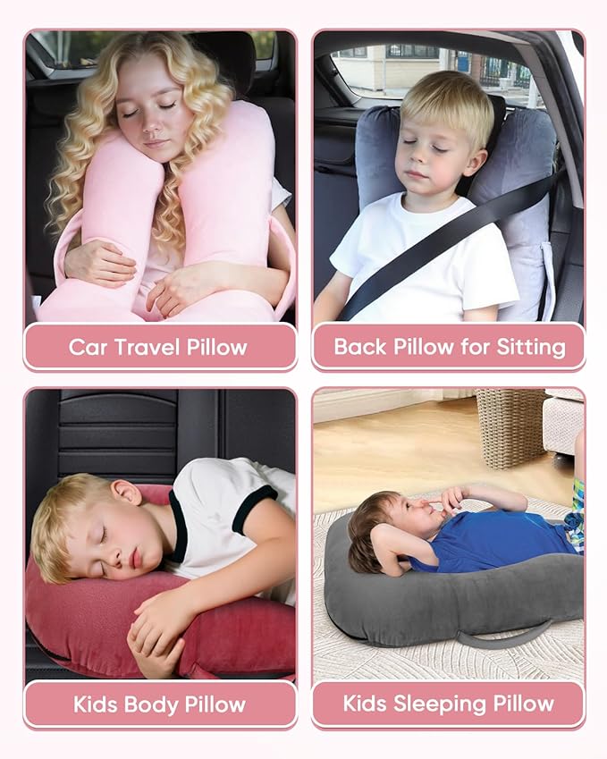 Car Travel Pillow for Kids Adults, Raised Padding Head and Neck Support Car Seat Sleeping Pillow for Toddlers, Portable U Shaped Body Pillow for Car Seat On Road Trip (Pink)