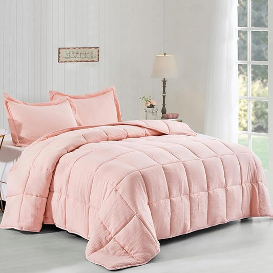 HIG 3pc Prewashed All Season Down Alternative Comforter Duvet Insert -Quilted Comforter with Corner Tabs -Box Stitched -250GSM Fiberfill Chic Farmhouse Style Bedding(Queen,Peach Pink)