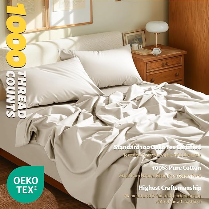 Shilucheng 100% Egyptian Cotton Queen Size Sheets Set - 1000 Thread Count，Luxury Cotton Bed Sheets，Breathable & Cooling Bedding and Pillow Cases, 16 Inch Deep Pocket - 4 Piece(Cream,Queen)