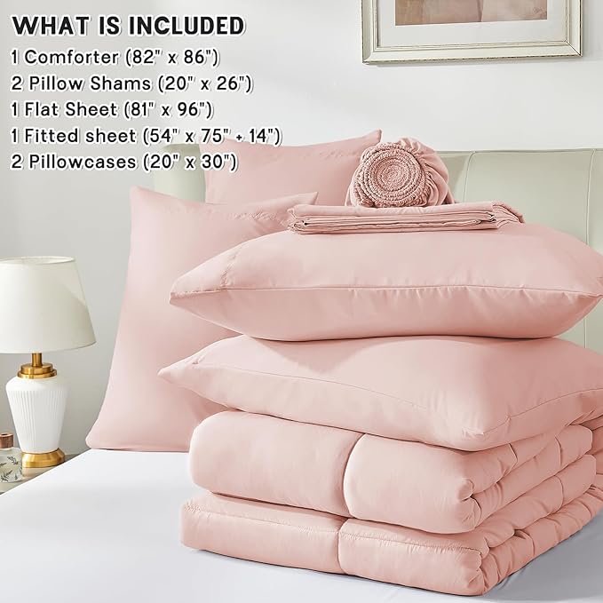 Anluoer Full Size Bed in a Bag 7 Pieces, Pink Bed Comforter Set with Sheets, All Season Bedding Sets with 1 Comforter, 2 Pillow Shams, 2 Pillowcases, 1 Flat Sheet, 1 Fitted Sheet