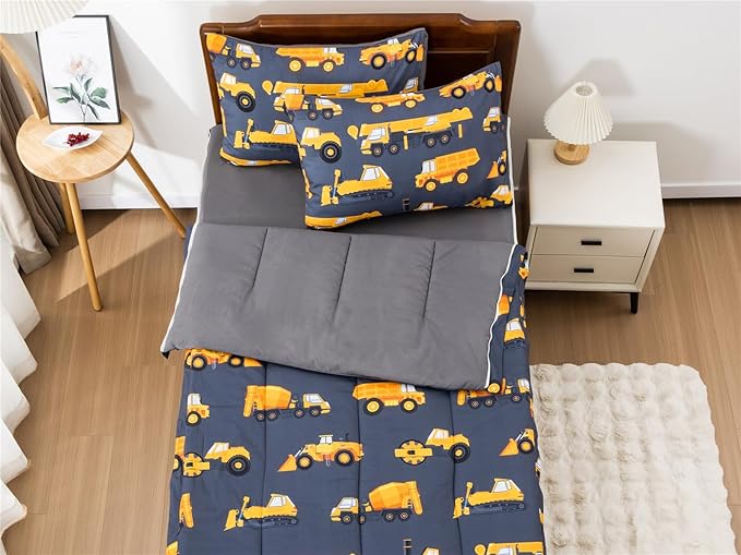 NTBED Construction Truck Printed Zipper Bedding Sets Full Lightweight Microfiber Car Comforter Sets with Fitted Sheet Pillow Covers,Dark Grey