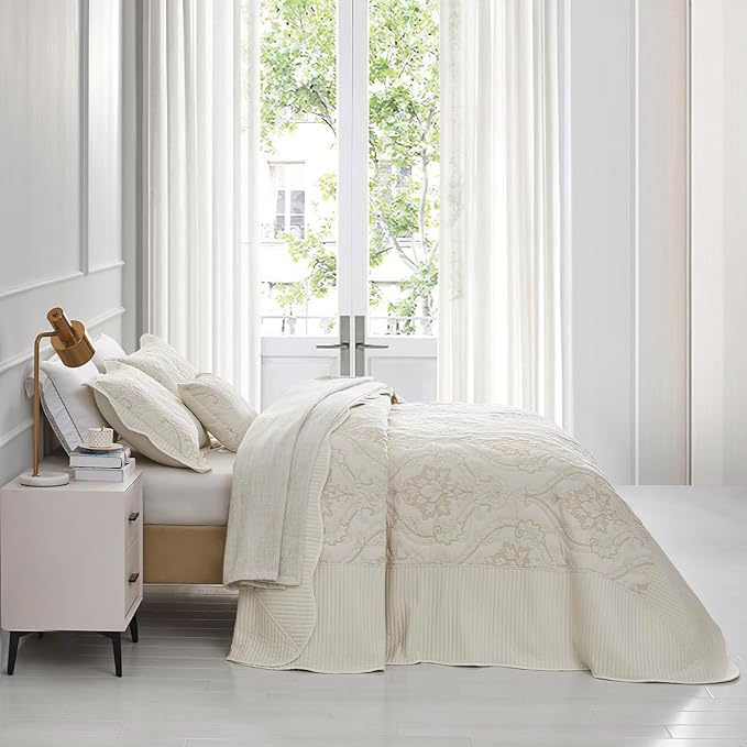 CHIXIN Bedspread Coverlet Quilt Set Full Size - Lightweight Bedding Cover - Beautiful Stitching - 5 Piece Reversible Bedspread - Gorgeous Damask Paisley Pattern (Full, Ivory-Yellow)