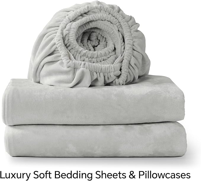 BEDELITE Velvet Fitted Sheet and Pillowcases Set, Luxury Soft Fuzzy Bottom Sheet with Reinforced Elastic Corner Straps, Deep Pocket up to 15", 1 Fitted Sheet and 2 Pillowcases (Cal King, Light Grey)