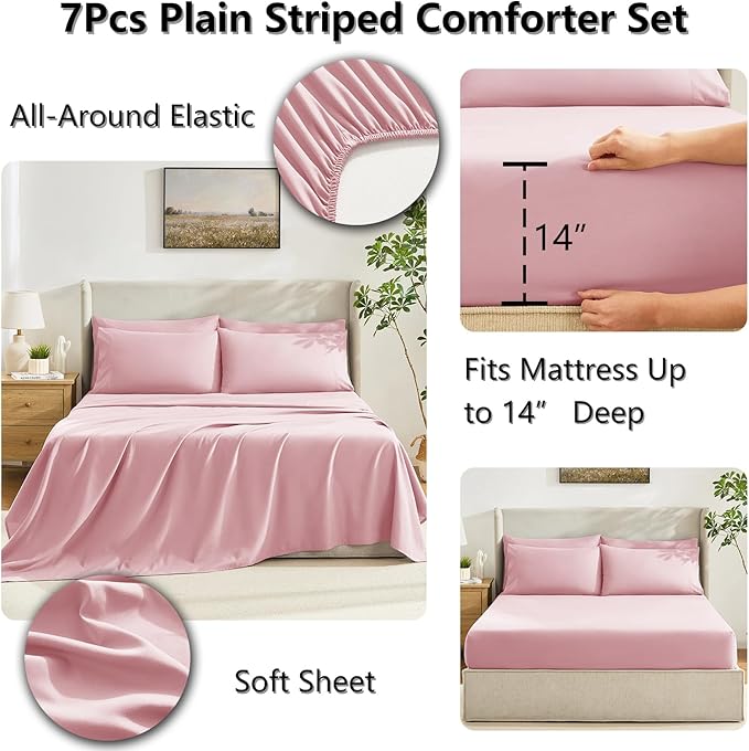 CozyLux Queen Size Comforter Sets Pink, 7 Pieces Bed in a Bag, Pink Comforter Queen Size, All Season Bedding Sets with Stitch Quilted Comforter, Flat Sheet, Fitted Sheet, Pillowcases