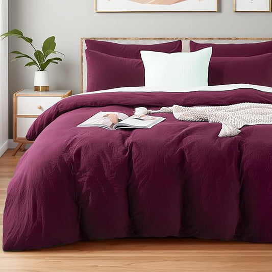 NEXHOME PRO 100% Washed Cotton Duvet Cover Full Size, Ogranic Natural Linen Feel Breathable Bedding Set with Zipper Closure, 3 Pieces Duvet Cover Set Wine (No Comfortert) 8090