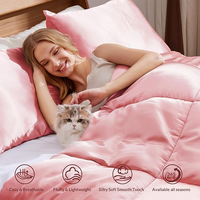 Whale Flotilla 3-Piece Reversible Silky Soft Queen Comforter Bedding Set, Luxurious Satin Comforters Full Size with 2 Satin Pillowcases, Lightweight Duvet for All Seasons, Pink