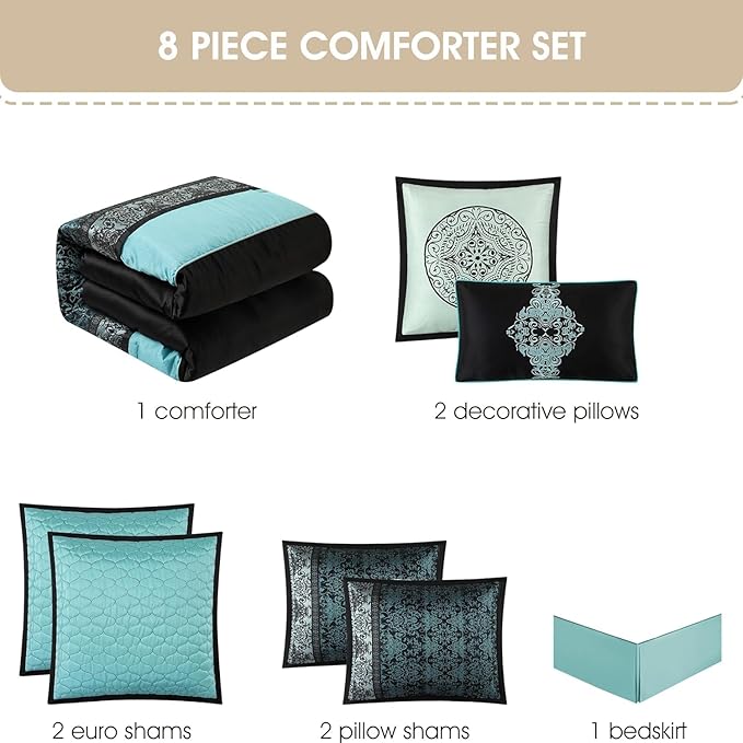 Grand Avenue Black & Teal Comforter Set King, Classic Jacquard Bedding Sets, Faux Silk, Premium Microfiber, 8 Pieces Bed in a Bag, Embroidered Pillows