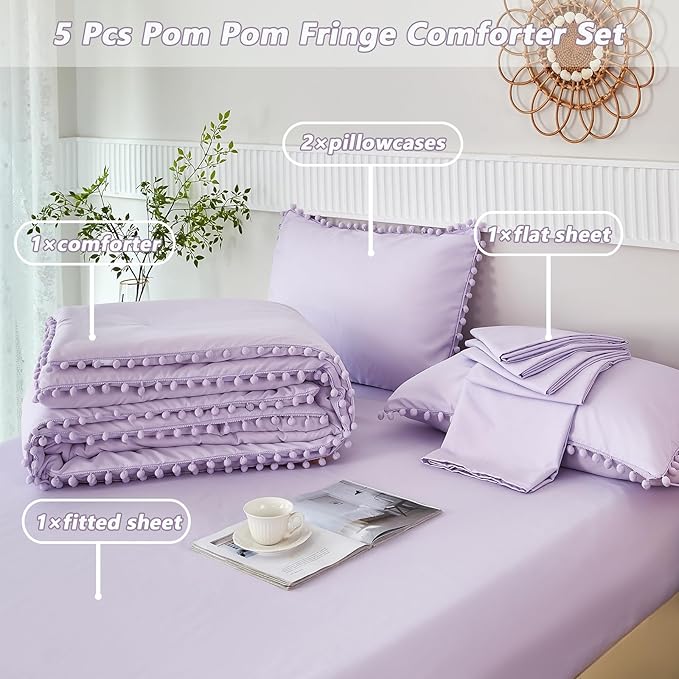 PERFEMET 5 Pcs Girls Lavender Comforter Sets Full Boho Pom Pom Fringe Bedding Comforter with Sheet Set Soft Cute Purple Girls Bed in A Bag for All Season(Lavender, Full)